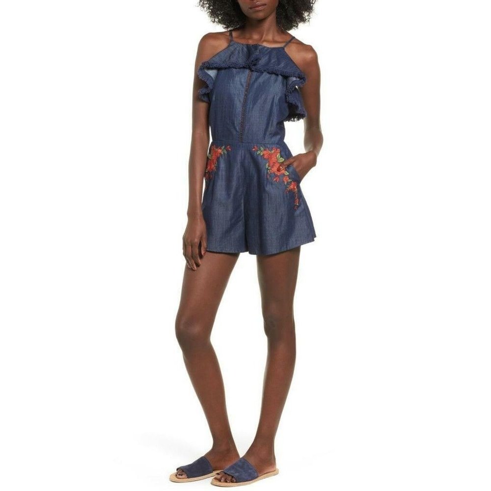 Moon River Embroidered Denim Ruffled Romper Blue Medium